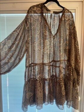 H&M brown printed sheer tiered mini dress.